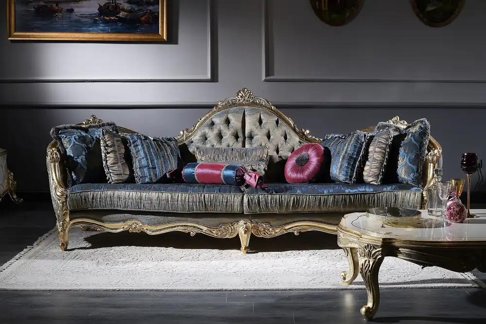 Casa Padrino Luxury Baroque Chesterfield Sofa Dark Blue / Antique Gold 300 x 90 x H. 119 cm - Sumptuous Baroque Living Room Sofa - Baroque Furniture Ausverkauf