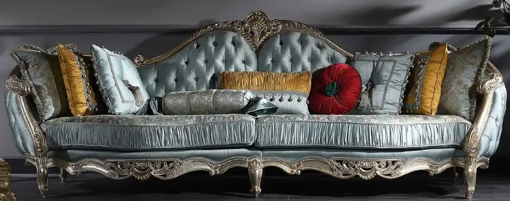 Preisreduziert Casa Padrino Luxury Baroque Sofa Turquoise / Silver / Gold 310 x 99 x H. 113 cm - Sumptuous Chesterfield Living Room Sofa in Baroque Style