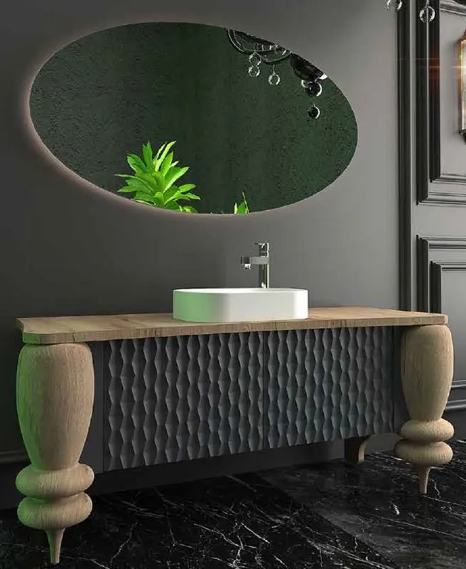 Casa Padrino Luxury Bathroom Set Natural / Gray / White - 1 Vanity Unit with 2 Doors and 1 Washbasin and 1 LED Wall Mirror - Luxury Bathroom Furniture Beliebt