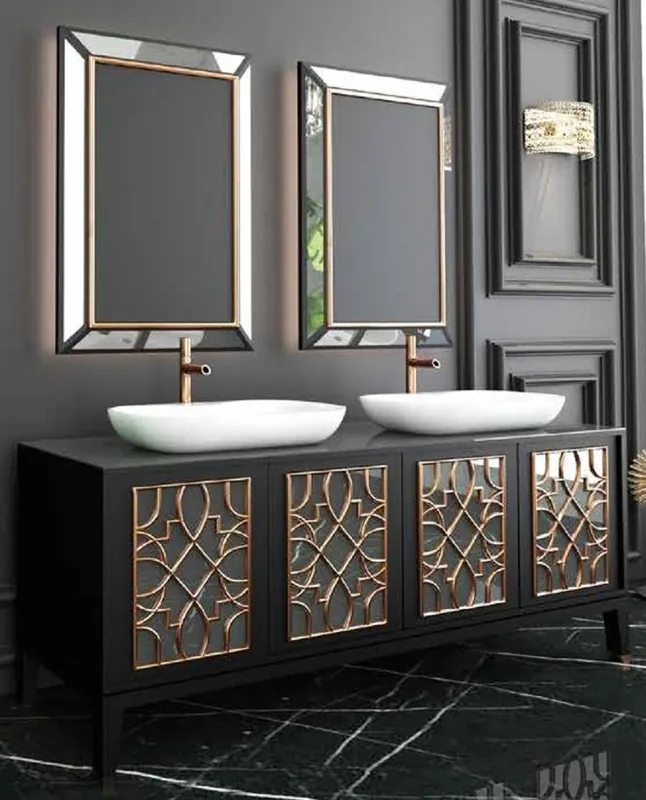 Casa Padrino Luxury Bathroom Set Black / Gold / White - 1 Vanity Unit with 4 Doors and 2 Sinks and 2 Wall Mirrors - Luxury Quality Beliebt