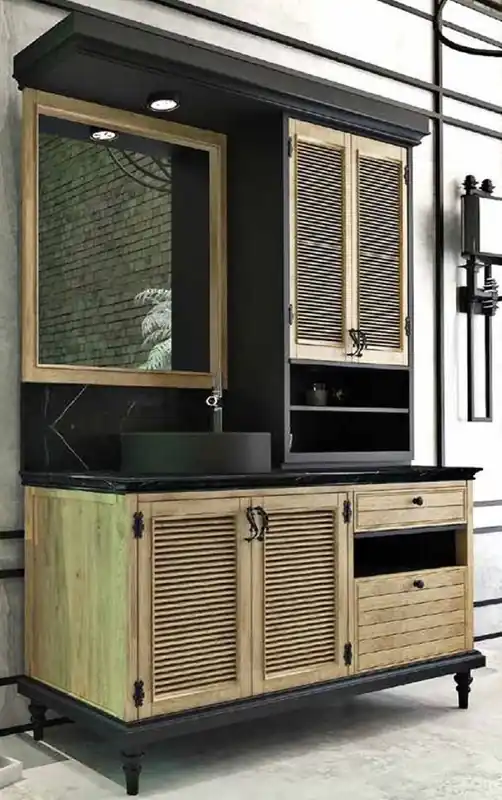 Casa Padrino Luxury Country Style Bathroom Set Natural / Black - Illuminated Vanity Unit with 4 Doors and 2 Drawers and 1 Sink and 1 Wall Mirror - Country Style Bathroom Furniture Nur Heute