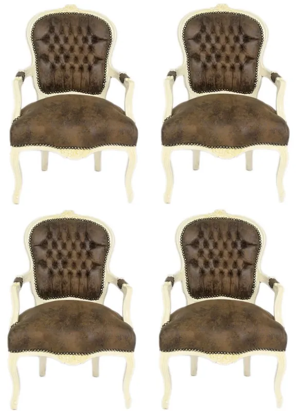 Markenprodukt Casa Padrino Baroque Salon Chair Set Brown / Cream 60 x 50 x H. 93 cm - 4 Handmade Salon Chairs with Leather Look - Baroque Furniture