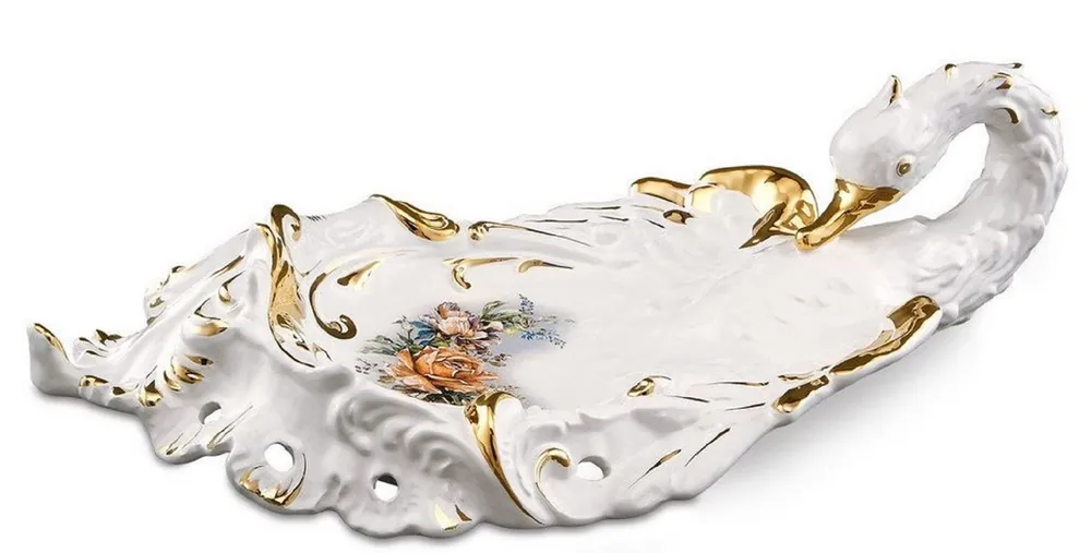 Casa Padrino Baroque Serving Tray Swan with Flowers White / Gold / Multicolor 54 x 30 x H. 16 cm - Hand Painted Ceramic Baroque Tray Top-Angebot