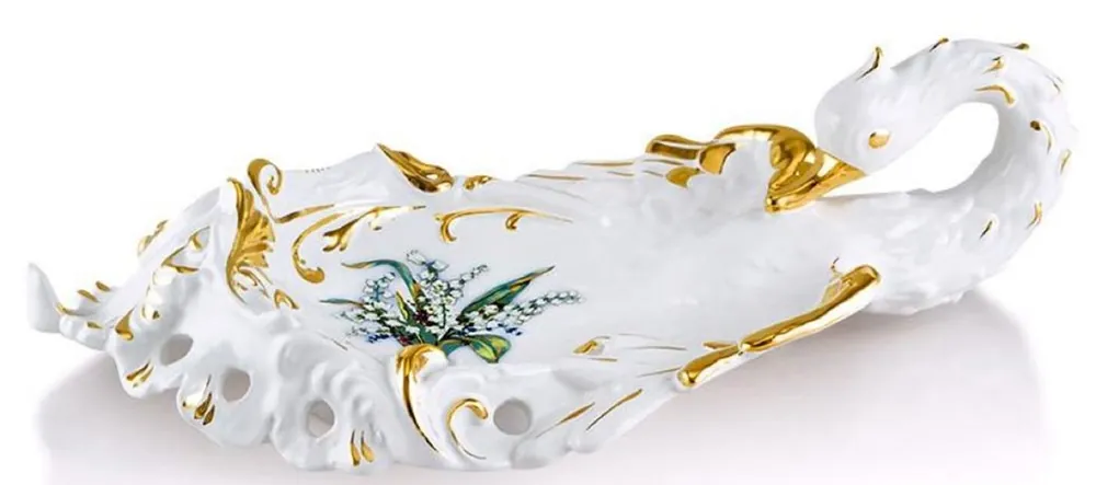 Kracherpreis Casa Padrino Baroque Serving Tray Swan with Lily White / Gold / Multicolor 54 x 30 x H. 16 cm - Hand Painted Ceramic Baroque Tray