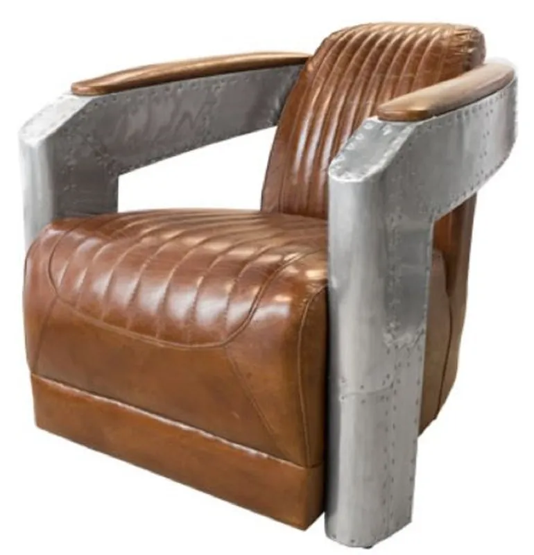 Casa Padrino Art Deco Aluminum Genuine Leather Armchair Brown / Silver 74.5 x 94 x H. 78 cm - Club Armchair - Lounge Armchair - Airplane Aviator Furniture Online Kaufen