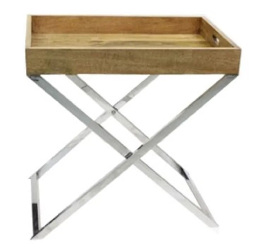 Casa Padrino serving tray with stand natural / silver 61 x 41 x H. 62 cm - Wood Tray with Stainless Steel Frame Ausverkauf