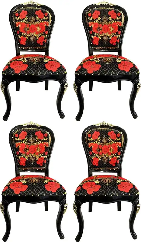 Pompöös by Casa Padrino Luxury Baroque Dining Chairs Roses Black / Red / Gold - Dining Set - 4 Pompöös Baroque Chairs designed by Harald Glööckler Preisreduziert