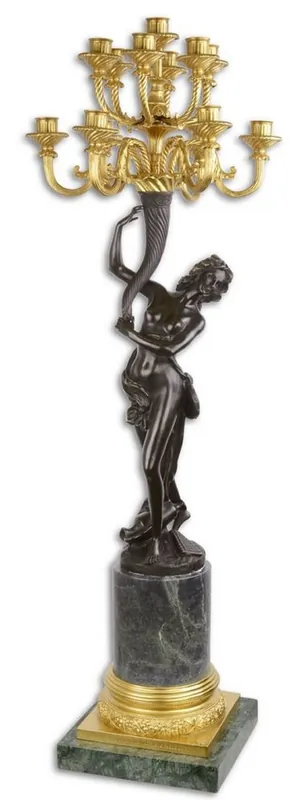 Casa Padrino baroque candle holder woman looking to the left black / gold / green 37 x 32.4 x H. 108 cm - Magnificent 13-Flame Bronze Candlestick with Marble Base Preisknaller