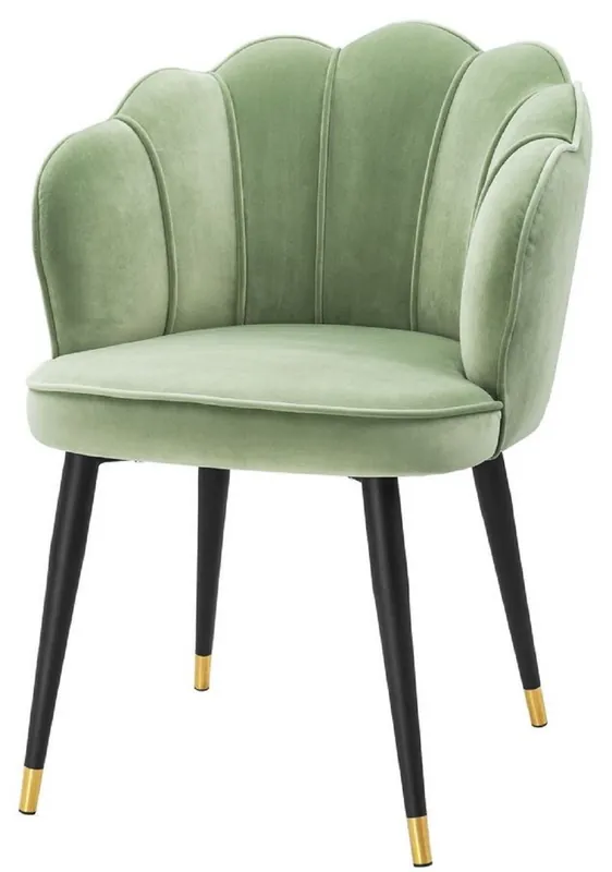 Casa Padrino luxury velvet dining chair with armrests pistachio green / black / gold 60 x 63 x H. 83 cm - Kitchen Chair in Clamshell Design Sonderaktion