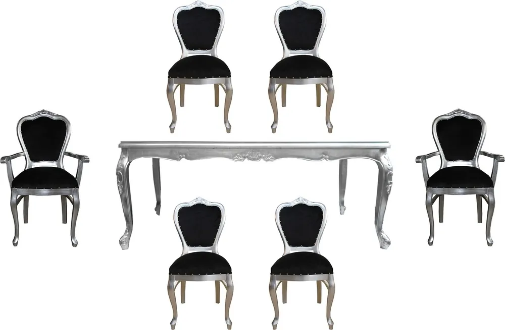 Casa Padrino Luxury Baroque Dining Room Set Black / Silver - 1 Dining Table with Glass Top and 6 Chairs - Baroque Dining Room Furniture - Made in Italy - Luxury Collection Neue Ware