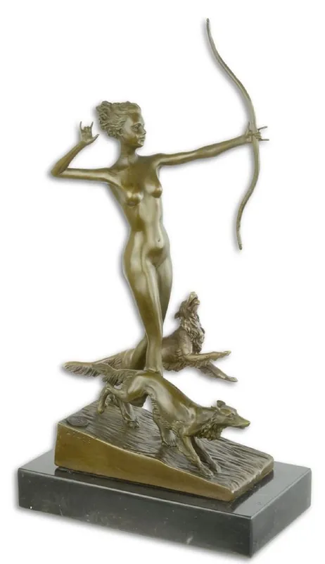 Solange Der Vorrat Reicht Casa Padrino Luxury Bronze Sculpture Woman with Bow and Dogs Bronze / Gold / Black 18.3 x 10.3 x H. 34.5 cm - Bronze Figure with Marble Base - Deco Figure