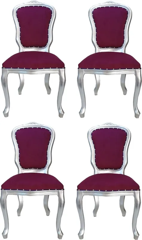 Casa Padrino Luxury Baroque Dining Room Set Louis Purple / Silver 50 x 60 x H. 104 cm - 4 Handcrafted Dining Room Chairs - Baroque Dining Room Furniture - Made in Italy Ausverkauf
