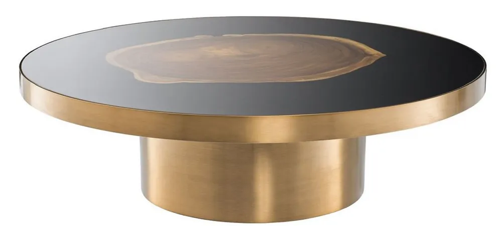 Casa Padrino luxury coffee table brass / black / brown Ø 120 x H. 34 cm - Round Stainless Steel Living Room Table with Suar Wood Tree Slice - Luxury Furniture Finale Aktion