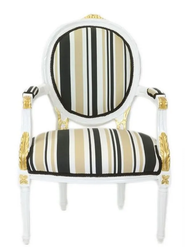 Casa Padrino Baroque Salon Chair White / Gold / Multicolor 50 x 50 x H. 105 cm - Striped Baroque Chair with Armrests - Baroque Furniture Must-Have