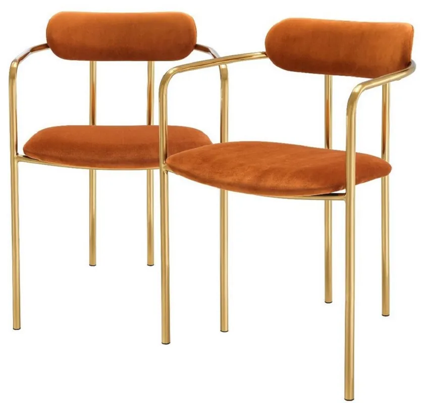 Casa Padrino luxury dining chairs with armrests orange / gold 53 x 50 x H. 74 cm - Kitchen Chairs with Fine Velvet Fabric - Dining Set - Dining Room Furniture Geprüft