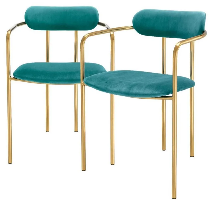 Echt Casa Padrino luxury dining chairs with armrests turquoise / gold 53 x 50 x H. 74 cm - Kitchen Chairs with Fine Velvet Fabric - Dining Set - Dining Room Furniture