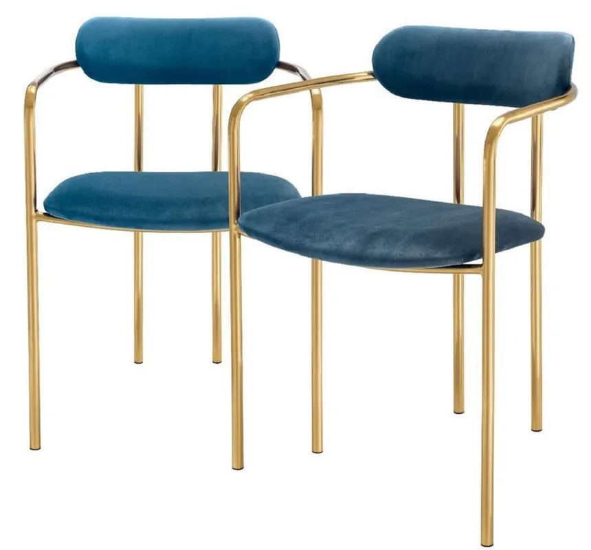 Casa Padrino luxury dining chairs with armrests blue / gold 53 x 50 x H. 74 cm - Kitchen Chairs with Fine Velvet Fabric - Dining Set - Dining Room Furniture Geprüft
