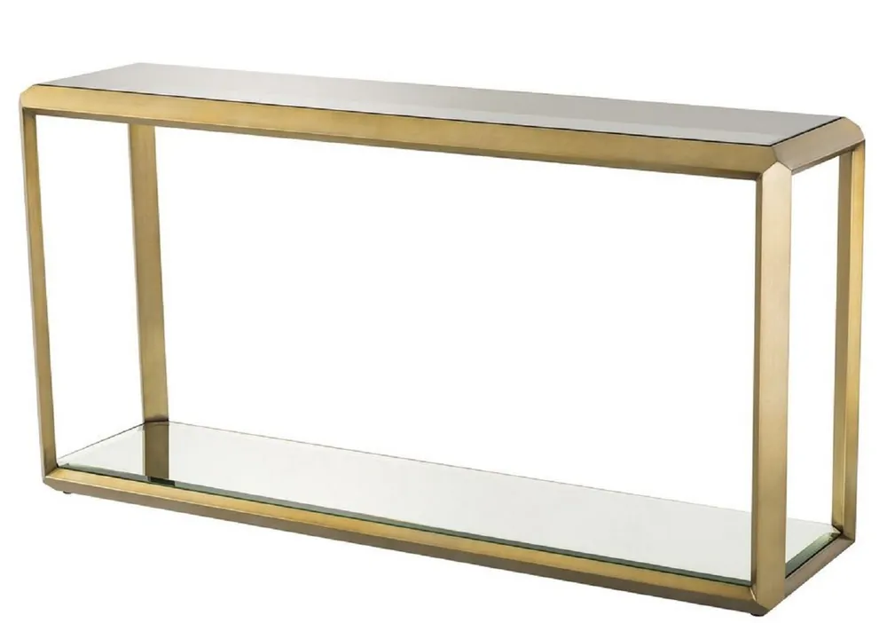 Jetzt Bestellen Casa Padrino luxury console brass / black 150 x 40 x H. 78 cm - Stainless Steel Console Table with Glass Top and Mirror Glass - Luxury Living Room Furniture