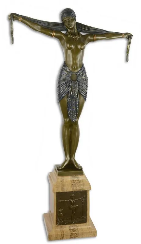 Casa Padrino Luxury Bronze Sculpture Dancer with Scarf Bronze / Blue / Beige 46.2 x 18.8 x H. 82.1 cm - Bronze Figure with Marble Base - Deco Figurine Preiswert