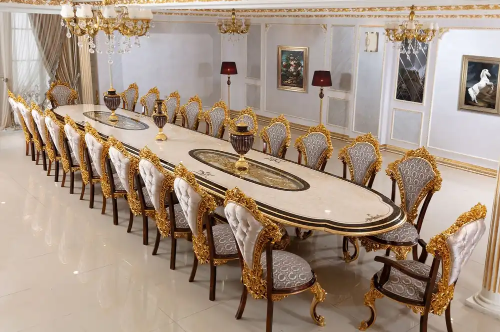 Casa Padrino luxury baroque dining room set white / brown / gray / gold - 1 Baroque Dining Table & 22 Baroque Dining Chairs - Castle furniture - Palace furniture - Luxury furniture baroque style Nur Heute