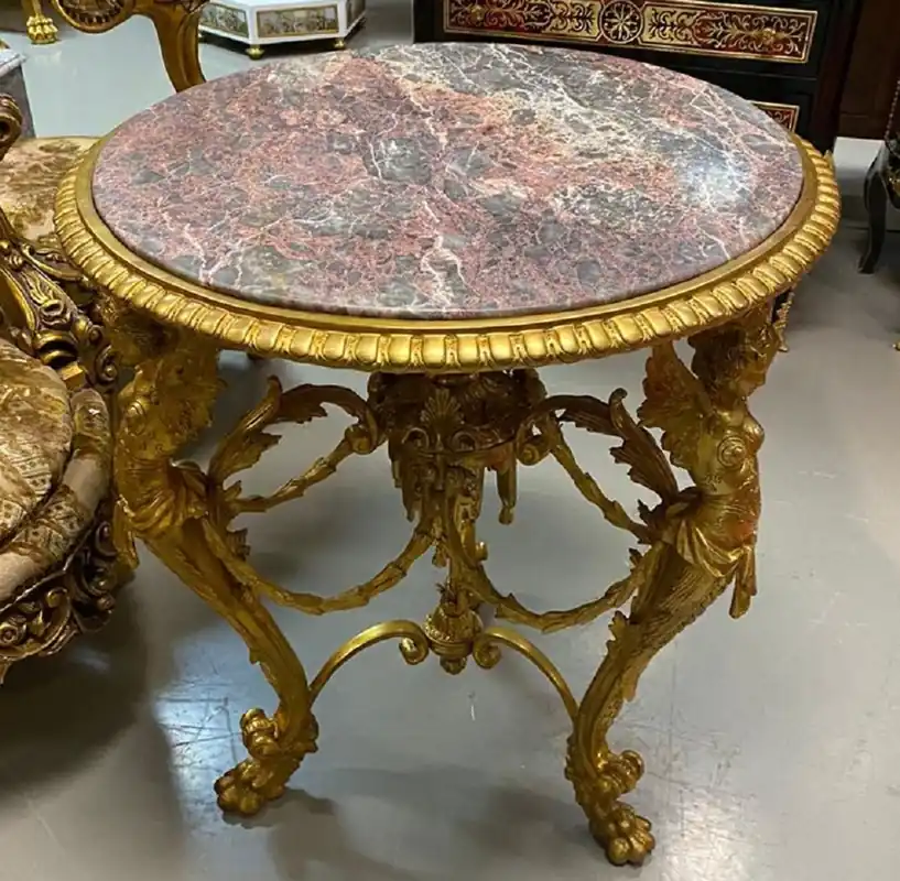 Casa Padrino luxury baroque side table gold / gray / red - Magnificent round bronze table with marble top - Luxury furniture baroque style - Baroque style living room furniture - Baroque furniture Neuheit