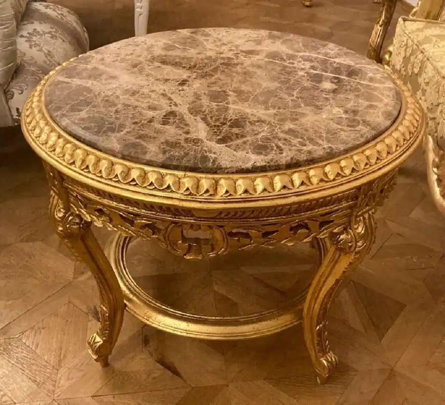 Casa Padrino baroque coffee table with marble top gold / gray - Round solid wood coffee table in baroque style - Baroque style living room furniture - Baroque furniture - Antique style furniture Neu Im Sortiment