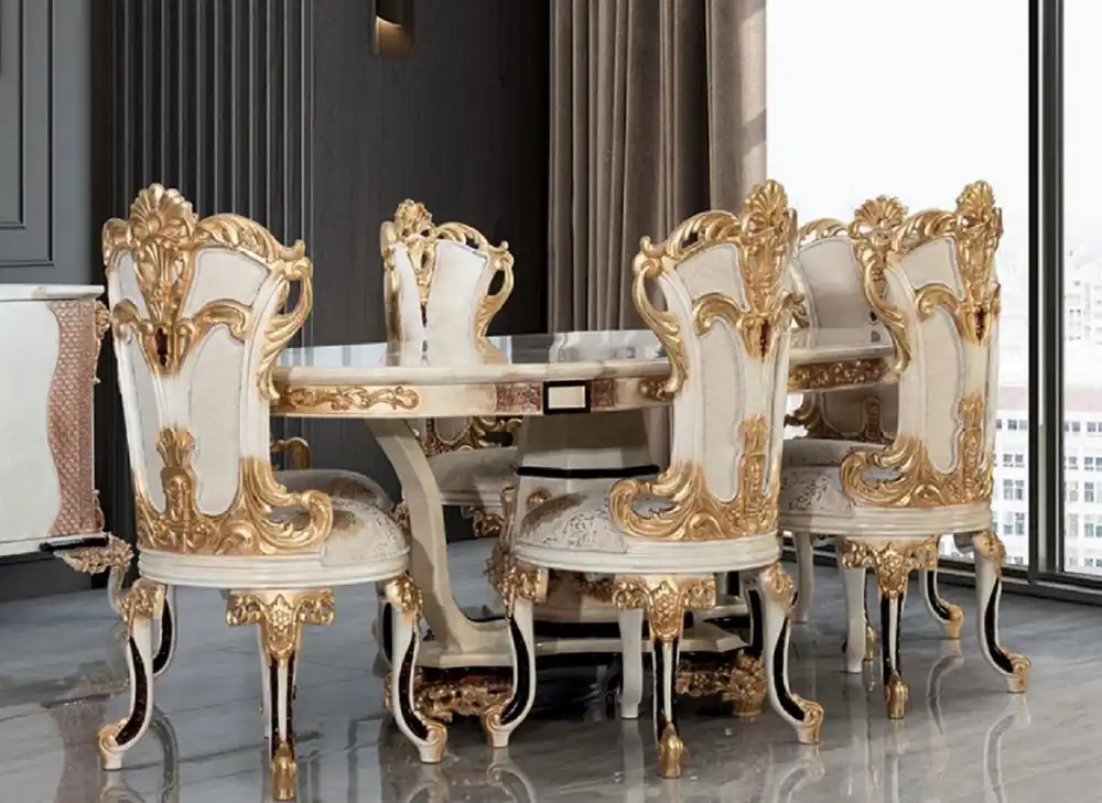 Versand Am Gleichen Tag Casa Padrino luxury baroque dining room set cream / white / gold - 1 Baroque Dining Table & 6 Baroque Dining Chairs - Baroque dining room furniture - Baroque style furniture - Noble & Magnificent