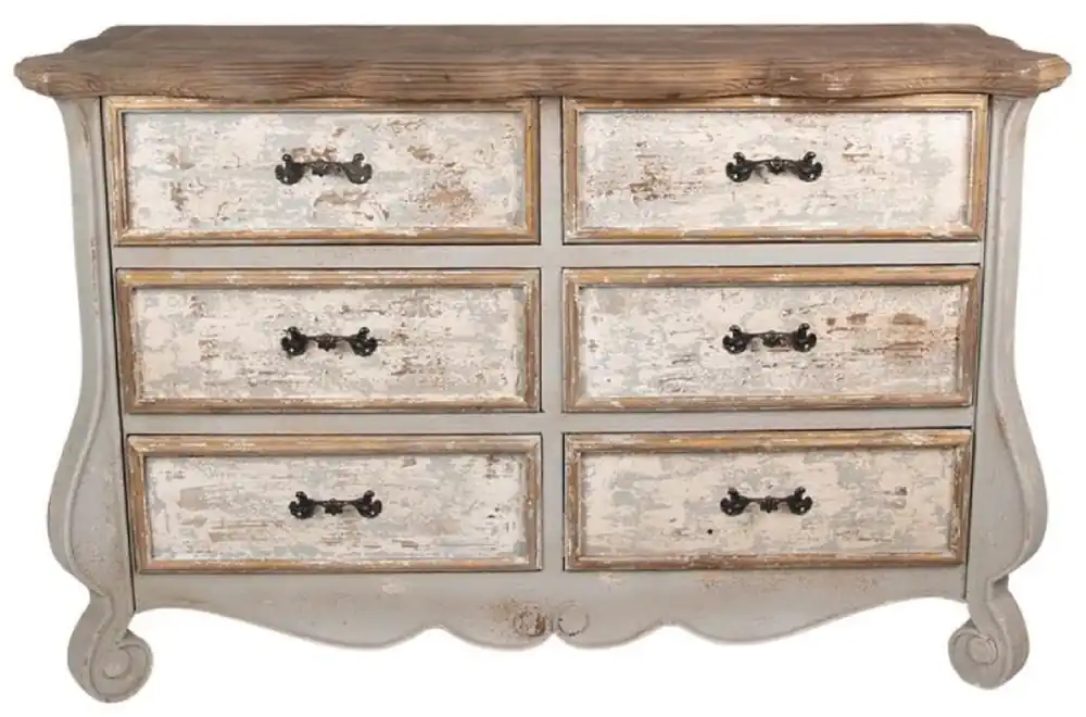 Casa Padrino country style shabby chic chest of drawers with 6 drawers gray / beige / gold / brown 135 x 41 x H. 89 cm - Country style furniture - Shabby chic furniture - Country style furnishings Saisonangebot