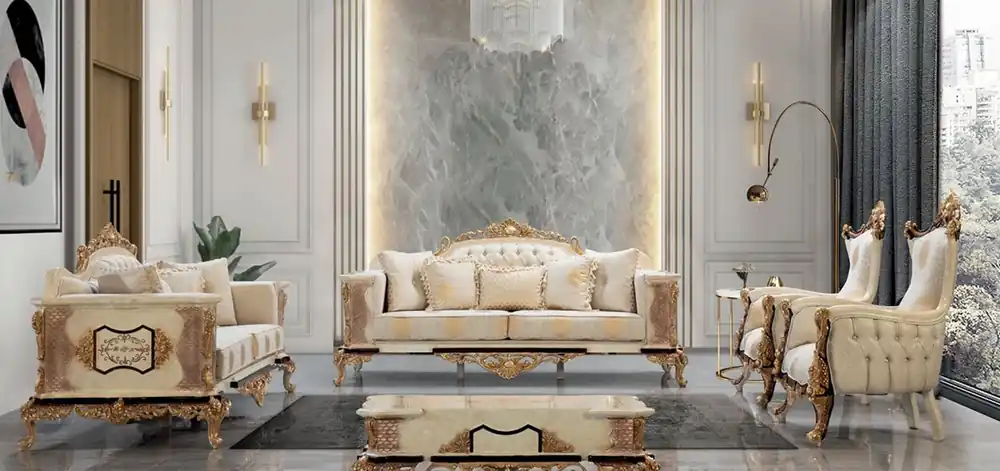Casa Padrino luxury baroque living room set white / beige / gold - 2 Baroque Sofas & 2 Baroque Armchairs & 1 Baroque Coffee Table - Luxury furniture in baroque style - Baroque furniture Neuheit