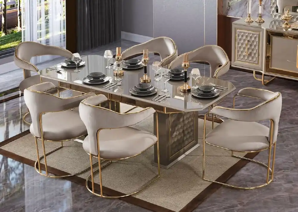 Casa Padrino luxury Art Deco dining room set gray / gold - 1 Extendable Dining Table & 6 Dining Chairs with Armrests - Dining room furniture - Art Deco furniture - Luxury furniture Sofort Bestellen