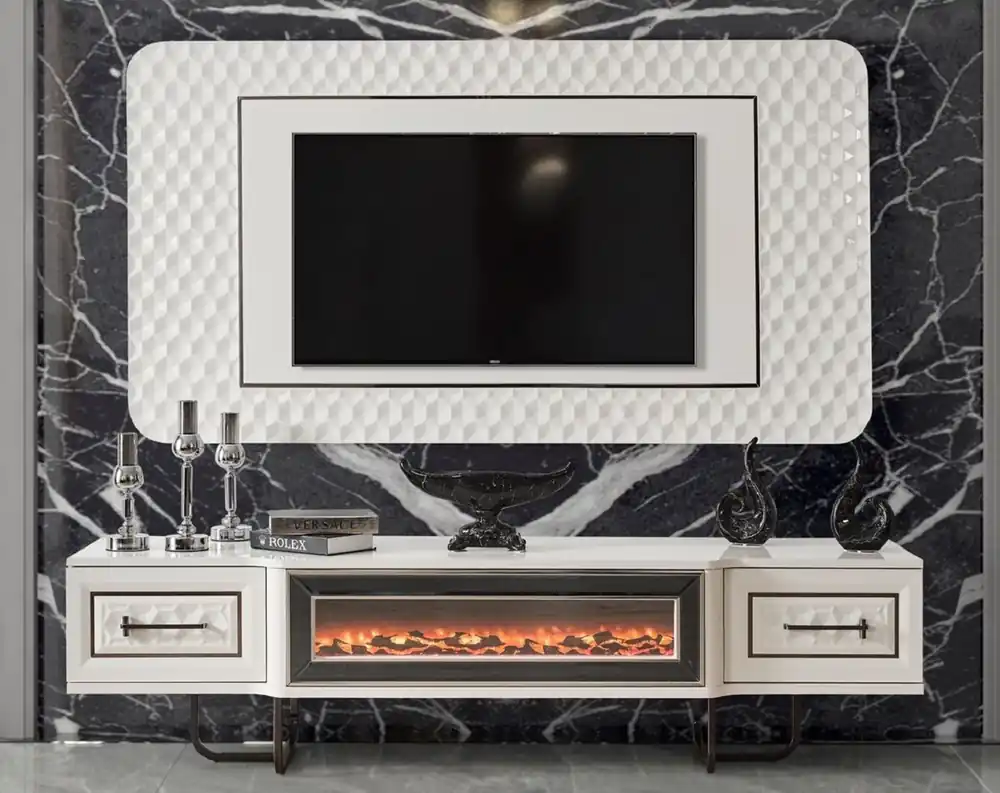 Bestseller Casa Padrino luxury Art Deco TV cabinet set white / bronze - Living room sideboard with LED electric fireplace & TV back wall - Art Deco furniture - Living room furniture - Luxury furniture