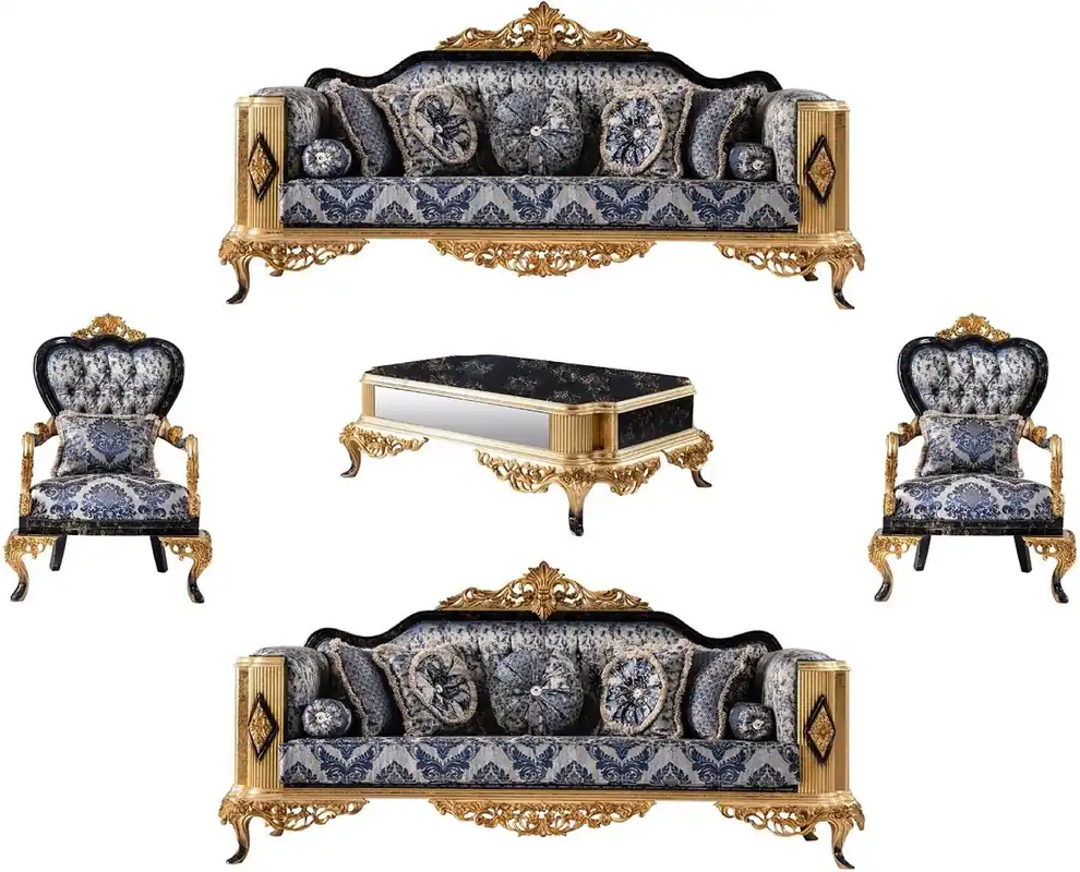 Sonderaktion Casa Padrino luxury baroque living room set blue / black / gold - 2 Baroque Sofas & 2 Baroque Armchairs & 1 Baroque Coffee Table - Luxury furniture in baroque style - Baroque furniture