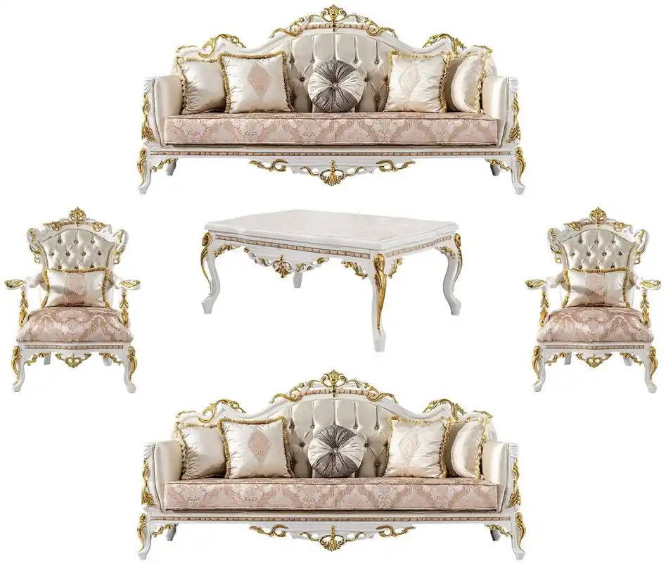 Echt Casa Padrino luxury baroque living room set gold / silver / brown / white / gold - 2 Baroque Sofas & 2 Baroque Armchairs & 1 Baroque Coffee Table - Luxury furniture in baroque style