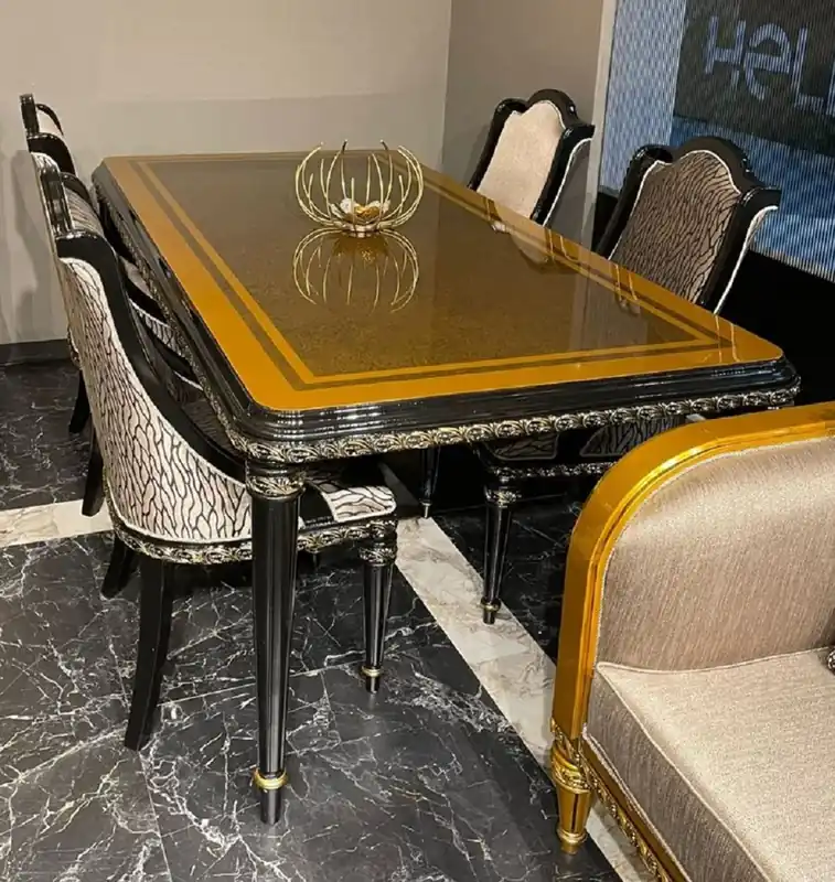 Knallerangebot Casa Padrino luxury baroque dining room set gold / black / gold - 1 Baroque Dining Table & 6 Baroque Dining Chairs - Baroque dining room furniture - Baroque style furniture - Noble & Magnificent