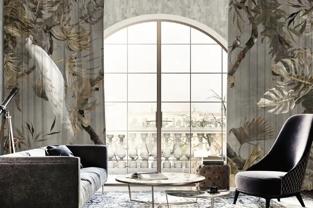 Casa Padrino luxury curtain set white peacock in the forest gray / multicolor 250 x H. 290 cm - Printed velvet curtains - Eyelet curtains - Living room curtains - Luxury curtains - Luxury quality Neu Im Sortiment