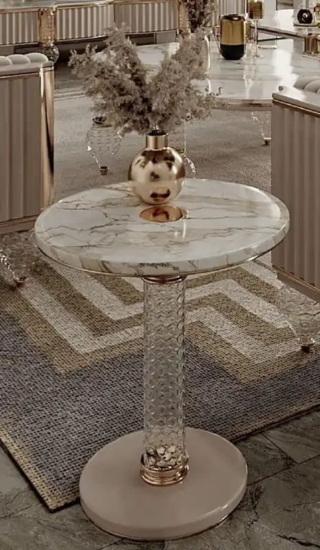 Casa Padrino luxury Art Deco side table white / gray / gold Ø 43 x H. 61 cm - Round table with fine faux marble top - Art Deco living room furniture - Luxury living room furniture Geprüft