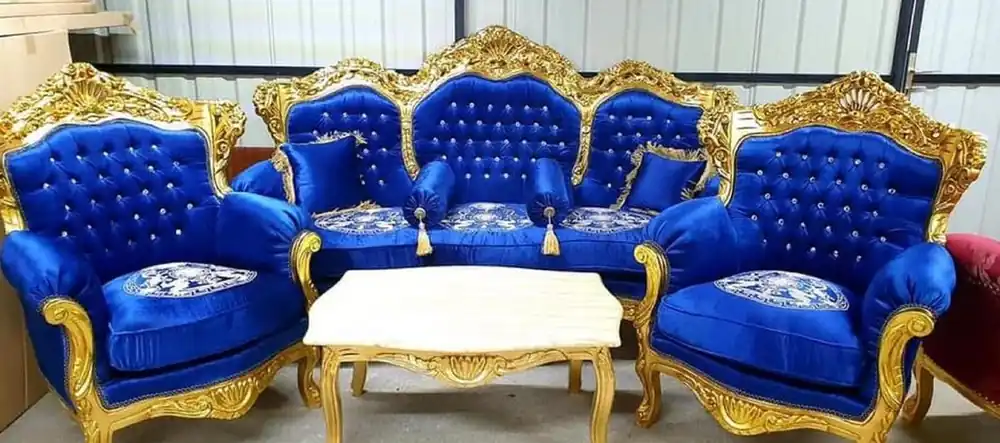 Neue Kollektion Casa Padrino luxury baroque living room set blue pattern / gold - 1 Baroque Sofa & 2 Baroque Armchairs - Luxury living room furniture in baroque style - Baroque furniture