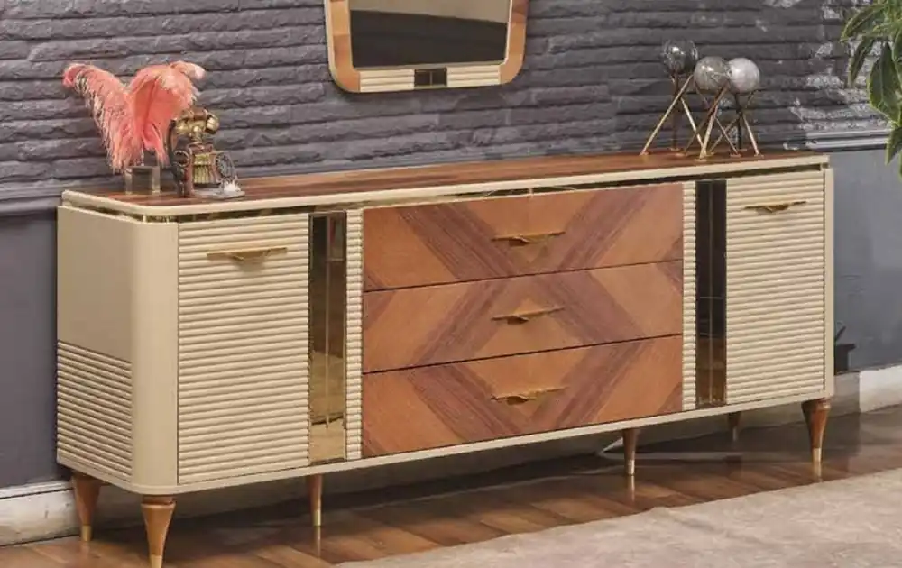 Casa Padrino luxury Art Deco sideboard beige / brown / gold 200 x 42 x H. 72 cm - Noble solid wood cabinet with 2 doors and 3 drawers - Art Deco furniture - Luxury furniture Rabatt