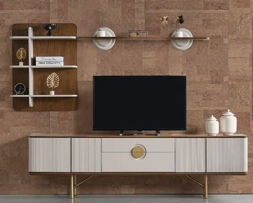 Versand Am Gleichen Tag Casa Padrino luxury living room TV cabinet set light gray / brown / brass - 1 TV Cabinet & 1 Wall Shelf - Living room furniture - Solid wood furniture - Luxury furniture - Luxury furnishings