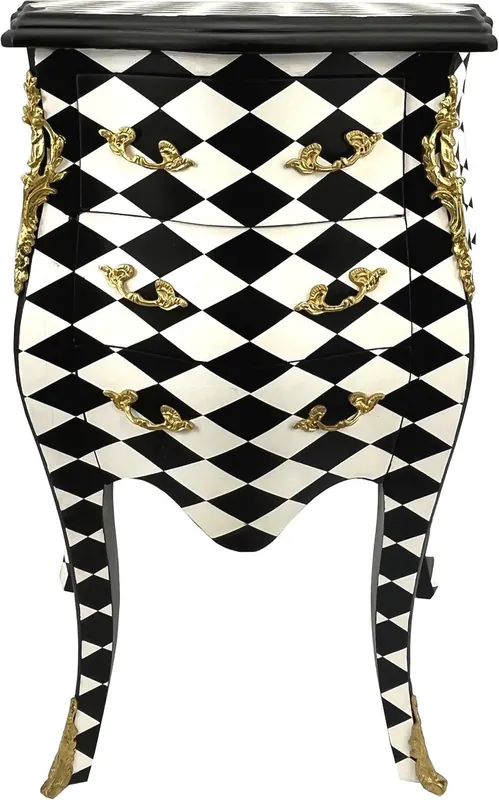 Casa Padrino baroque chest of drawers checkered design black / white / gold - Handmade baroque style bedside table with 3 drawers - Baroque furniture - Bedroom furniture in baroque style Letzte Chance