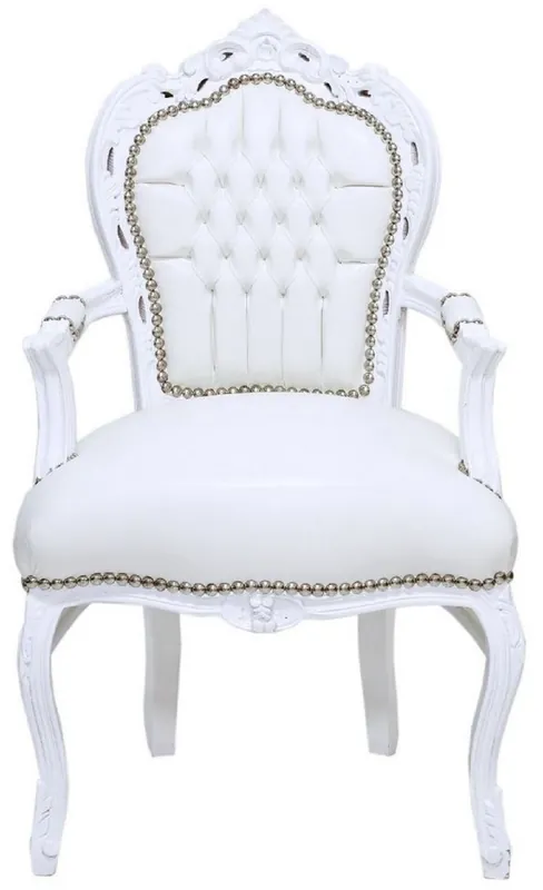 Garantierte Lieferung Casa Padrino baroque dining room chair with armrests and fine faux leather white / white - Handmade antique style chair - Dining room furniture in baroque style - Baroque furniture