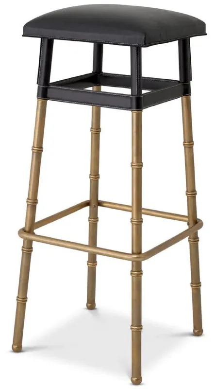 Casa Padrino luxury bar stool black / vintage brass 34.5 x 33 x H. 80.5 cm - Upholstered bar chair with genuine leather - Bar furniture - Luxury furniture - Luxury quality Heißes Angebot