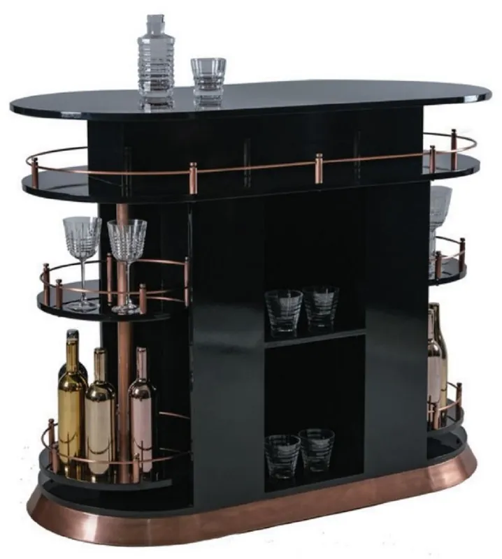 Casa Padrino Luxury Bar Counter High Gloss Black / Copper 135 x 65 x H. 106 cm - Oval Solid Wood Counter Table - Solid Wood Bar Furniture - Luxury Bar Furniture - Luxury Furniture Begrenztes Angebot