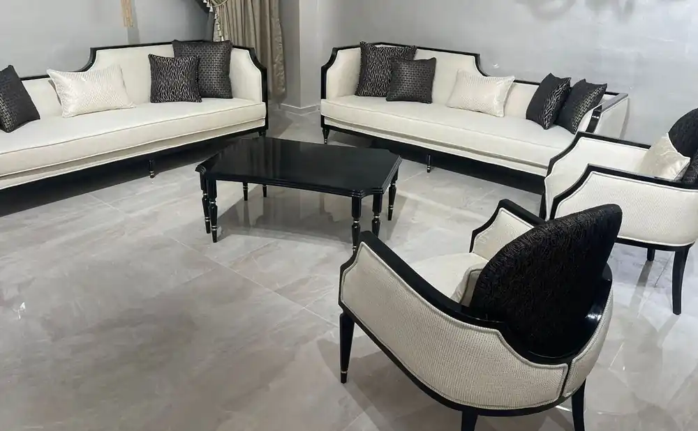 Versand Am Gleichen Tag Casa Padrino luxury Art Deco living room set natural / black / gold - 2 Art Deco Sofas & 2 Art Deco Armchairs & 1 Art Deco Coffee Table - Living room furniture - Luxury art deco furniture
