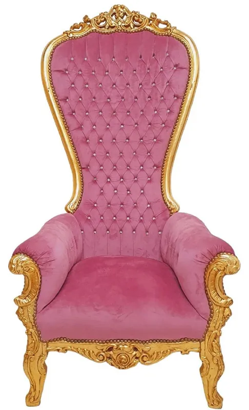 Casa Padrino baroque throne armchair with fine velvet fabric and rhinestones pink / gold - Handmade baroque style royal armchair - Wedding armchair - Baroque giant armchair - Baroque furniture Top-Seller