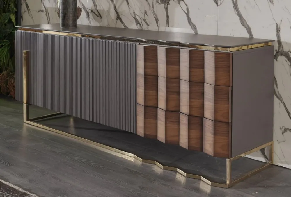 Casa Padrino luxury sideboard gray / brown / gold 220 x 53 x H. 82 cm - Solid wood cabinet with 2 doors and 3 drawers - Dining room furniture - Luxury furniture - Luxury collection Markenprodukt