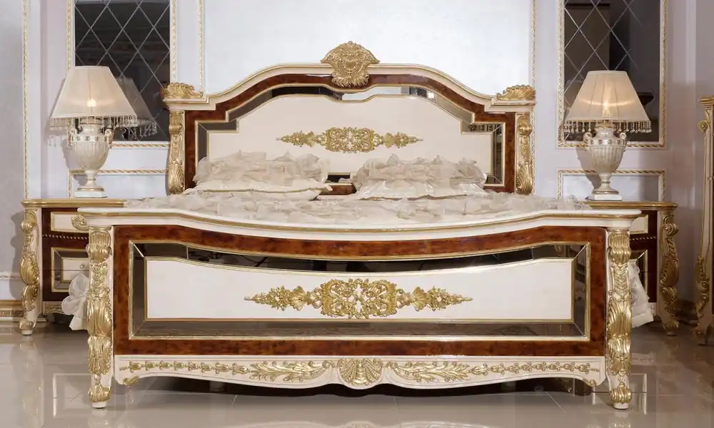 Online Kaufen Casa Padrino luxury baroque bedroom set white / beige / brown / gold - 1 Baroque Double Bed with Headboard & 2 Baroque Bedside Tables - Luxury bedroom furniture in baroque style - Baroque furniture