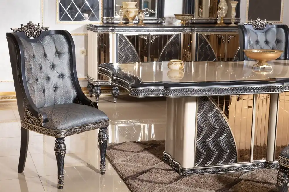 Knallerangebot Casa Padrino luxury baroque dining chair set of 6 light blue / black / gold - Baroque style kitchen chairs with pattern - Baroque dining room furniture - Luxury furniture in baroque style