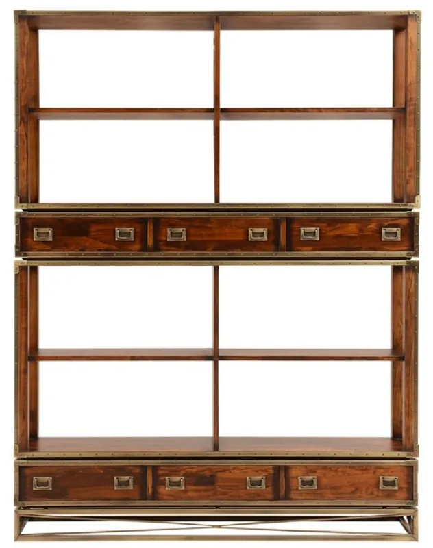 Highlight Casa Padrino luxury vintage style shelf cabinet brown / brass 152 x 35 x H. 200.5 cm - Vintage style bookcase with 6 drawers - Luxury living room solid wood furniture in vintage style