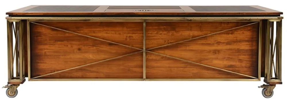 Casa Padrino luxury vintage style desk brown / brass / black 234 x 98.5 x H. 75 cm - Solid wood office table with wheels - Vintage style office furniture - Luxury office furniture Saisonangebot